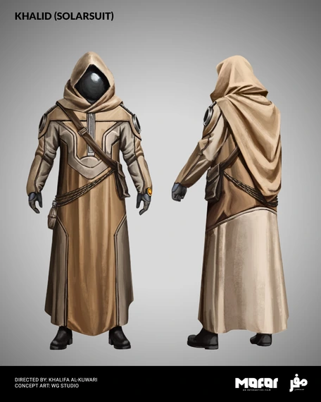 Front and back concept views of Khalid's hooded solar suit, inspired by a thobe.