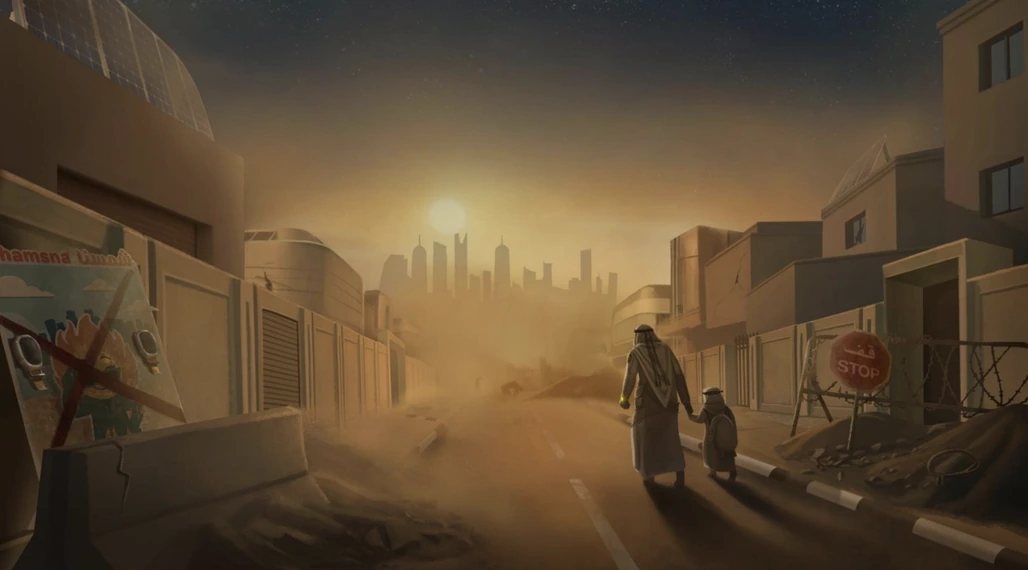 A future city street at dusk, with two figures in protective suits beneath a sunlit skyline.
